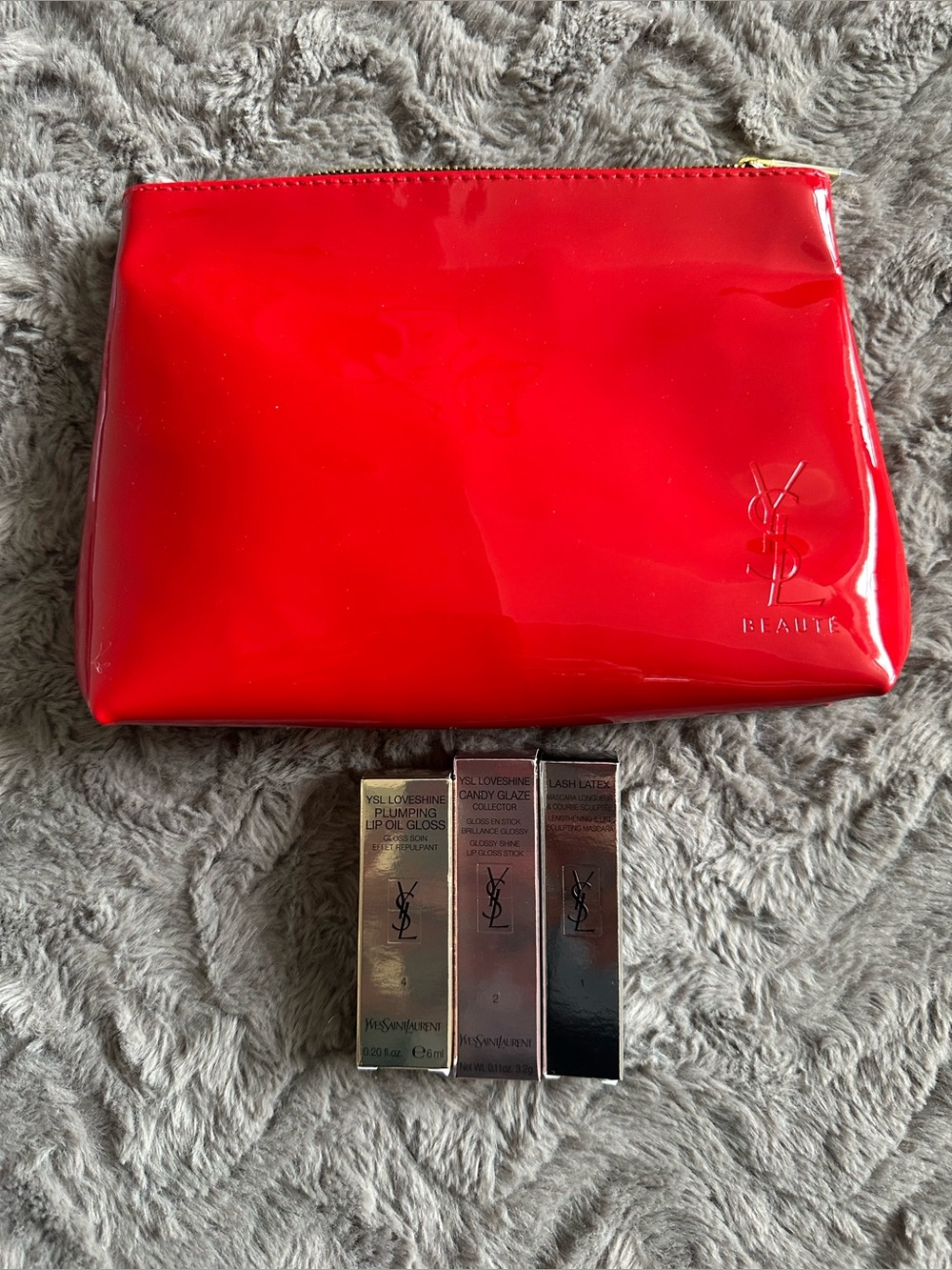 YSL Red Patent Cosmetic Pouch with 2 Full sizeLip Glosses & Mini Mascara